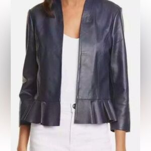 Ted Baker Navy Leather Jacket 3/4 sleeves with ruffled edge sz 1 GUC!
